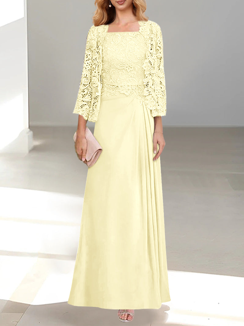 2 Pieces A-Line/Princess Scoop Floor-Length Mother of the Bride Dresses with Pleated & Lace Appliques