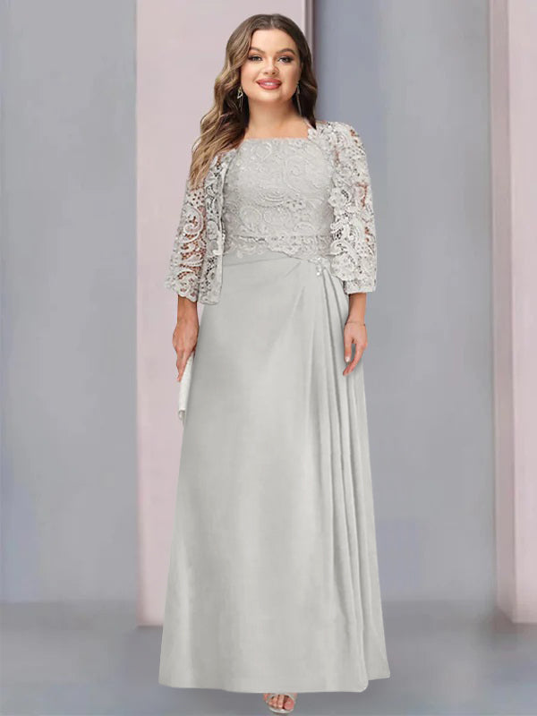 2 Pieces A-Line/Princess Scoop Floor-Length Mother of the Bride Dresses with Pleated & Lace Appliques