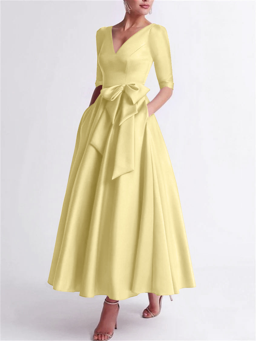 A-Line/Princess V Neck 3/4 Length Sleeve Tea Length Satin Mother of the Bride Dresses with Bow(s)