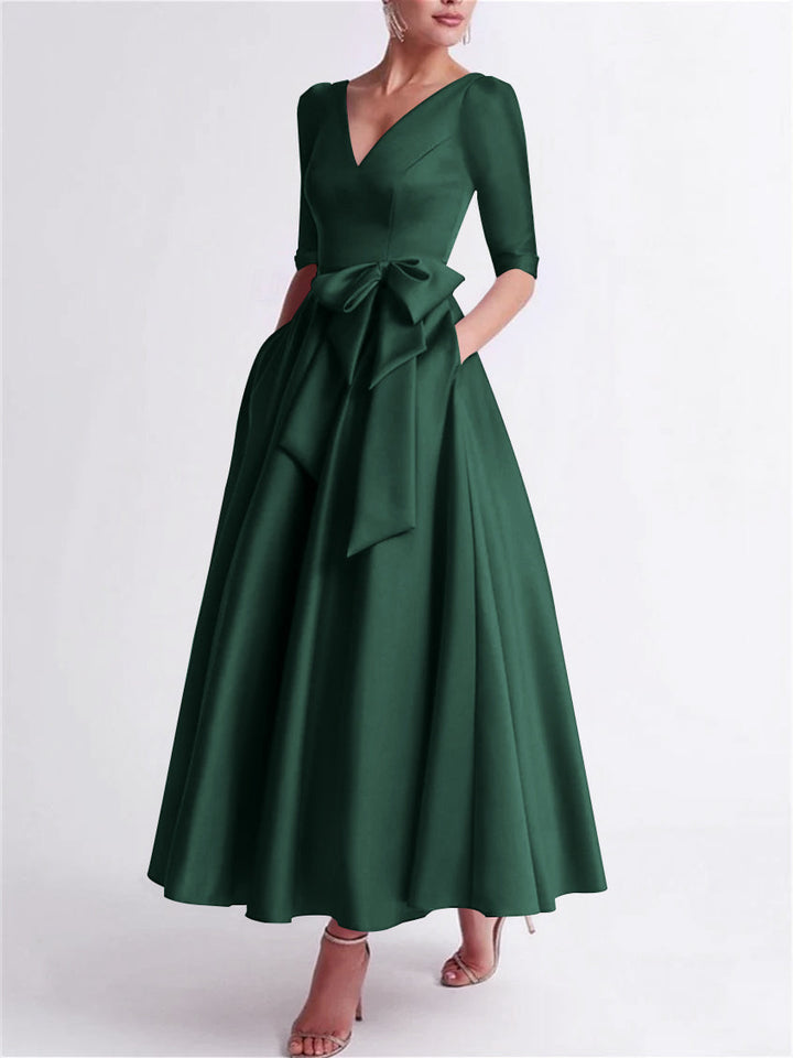 A-Line/Princess V Neck 3/4 Length Sleeve Tea Length Satin Mother of the Bride Dresses with Bow(s)