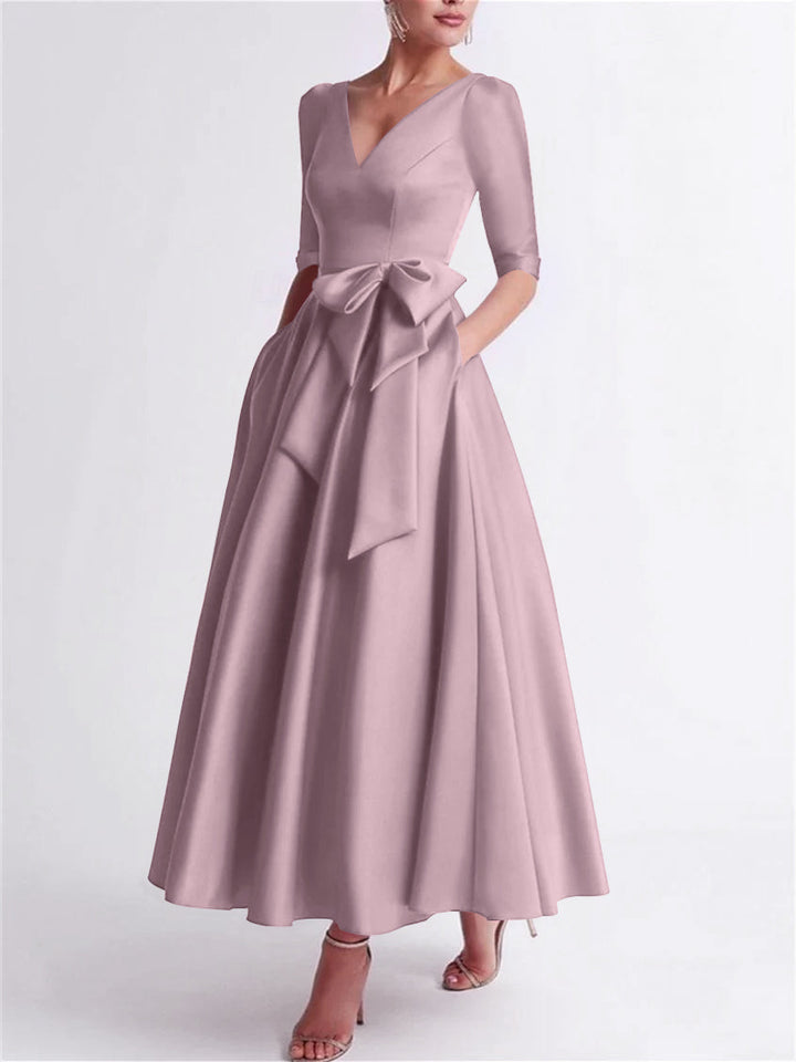 A-Line/Princess V Neck 3/4 Length Sleeve Tea Length Satin Mother of the Bride Dresses with Bow(s)