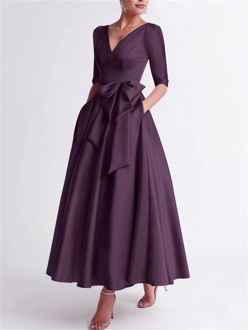 A-Line/Princess V Neck 3/4 Length Sleeve Tea Length Satin Mother of the Bride Dresses with Bow(s)
