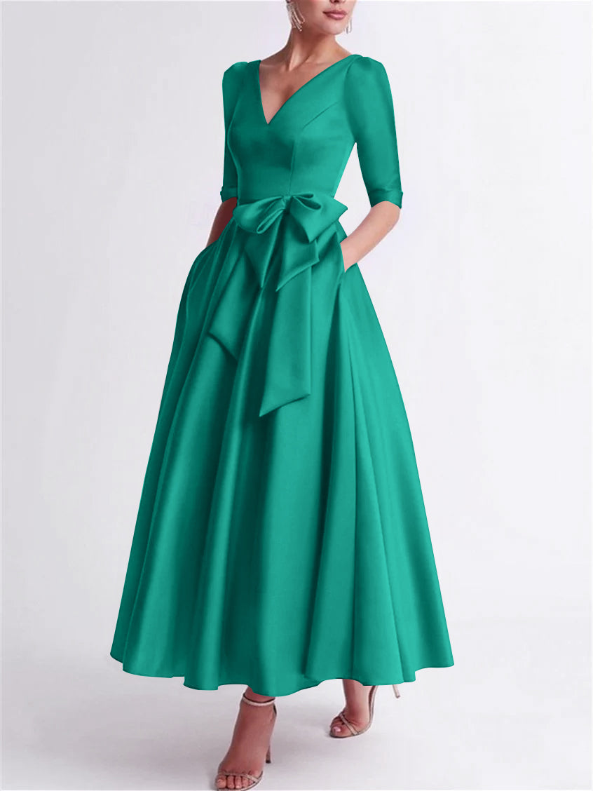 A-Line/Princess V Neck 3/4 Length Sleeve Tea Length Satin Mother of the Bride Dresses with Bow(s)