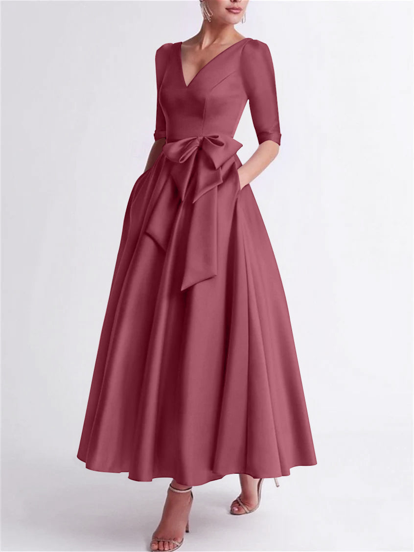 A-Line/Princess V Neck 3/4 Length Sleeve Tea Length Satin Mother of the Bride Dresses with Bow(s)