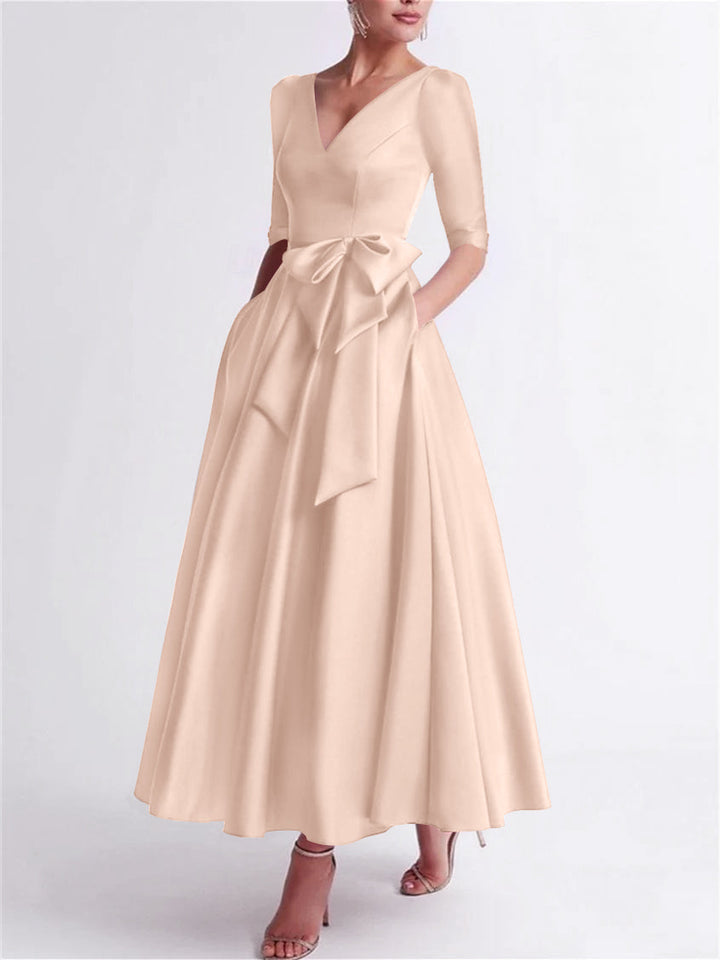 A-Line/Princess V Neck 3/4 Length Sleeve Tea Length Satin Mother of the Bride Dresses with Bow(s)