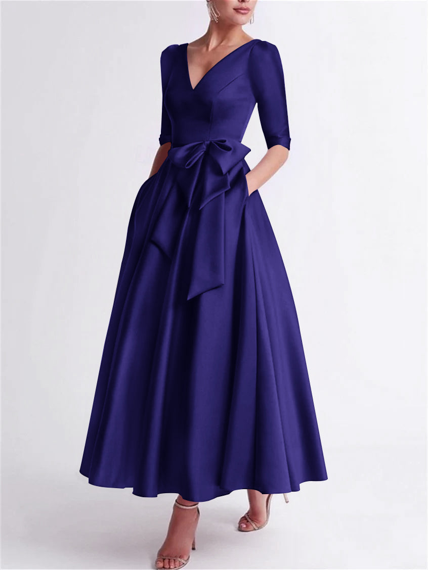 A-Line/Princess V Neck 3/4 Length Sleeve Tea Length Satin Mother of the Bride Dresses with Bow(s)