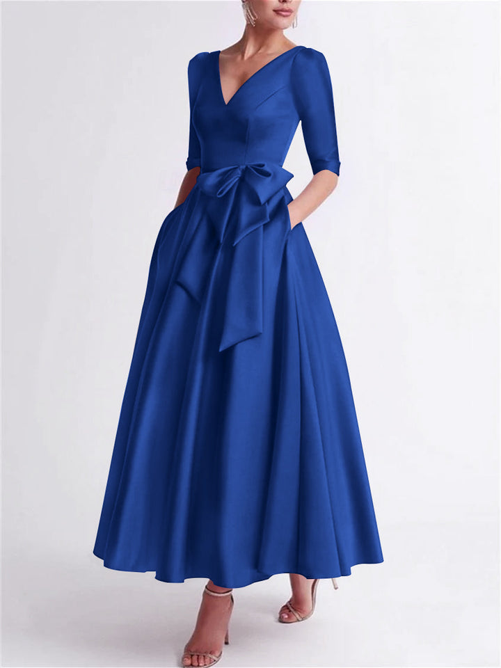 A-Line/Princess V Neck 3/4 Length Sleeve Tea Length Satin Mother of the Bride Dresses with Bow(s)