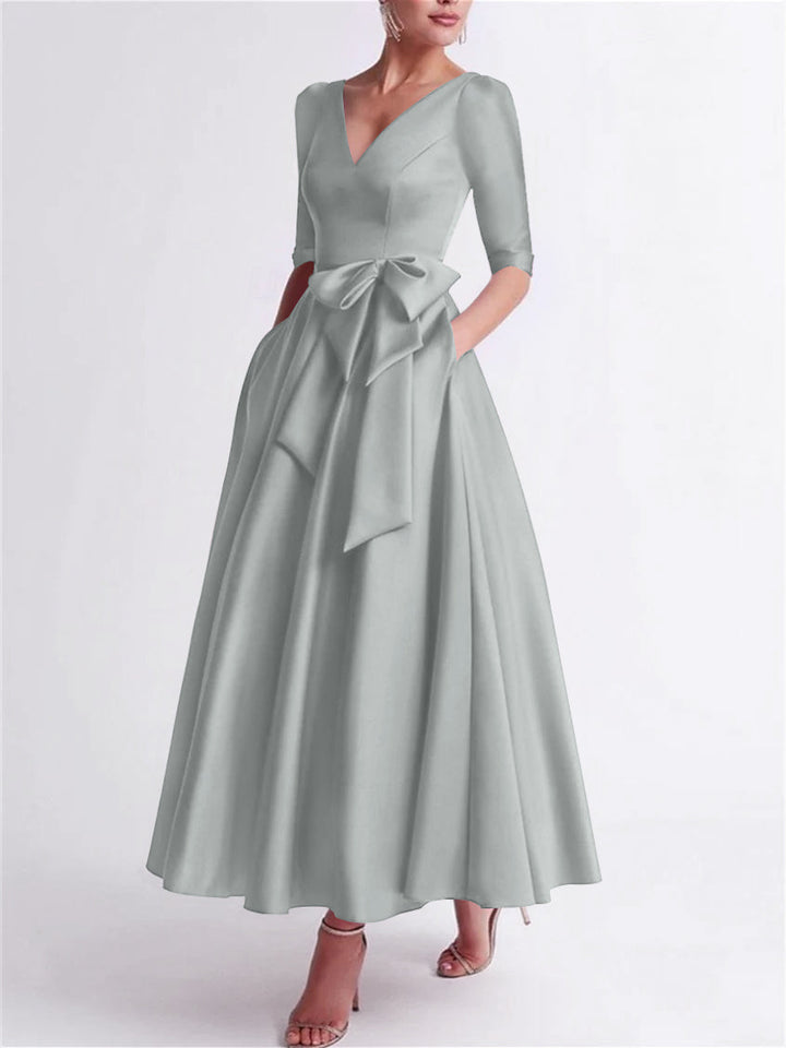 A-Line/Princess V Neck 3/4 Length Sleeve Tea Length Satin Mother of the Bride Dresses with Bow(s)