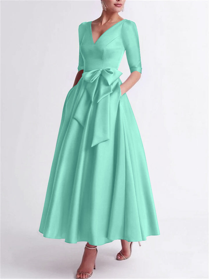 A-Line/Princess V Neck 3/4 Length Sleeve Tea Length Satin Mother of the Bride Dresses with Bow(s)