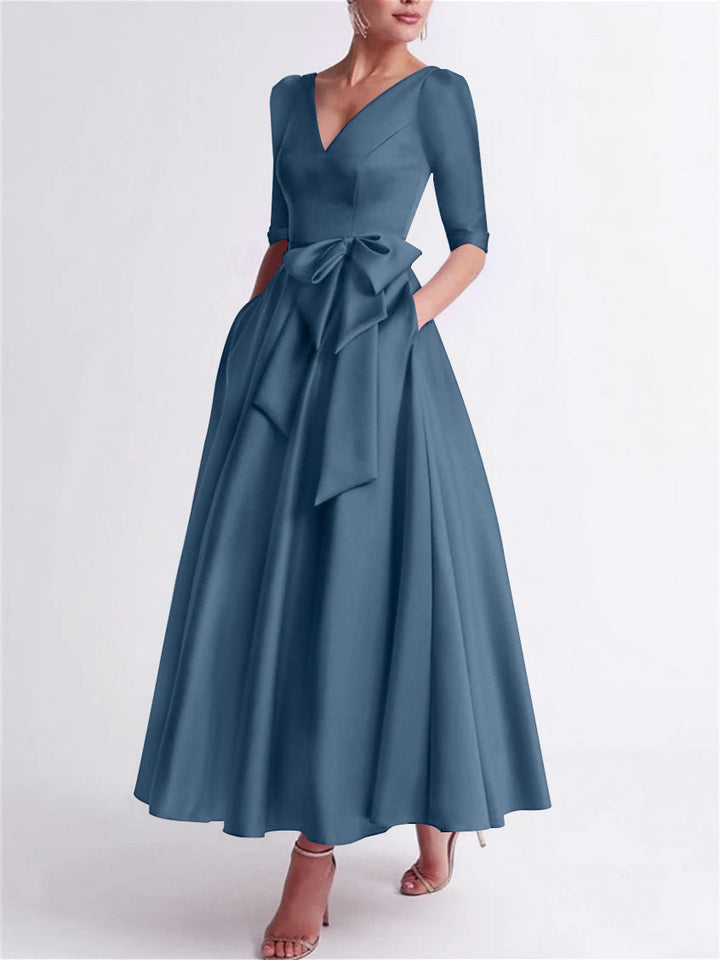 A-Line/Princess V Neck 3/4 Length Sleeve Tea Length Satin Mother of the Bride Dresses with Bow(s)