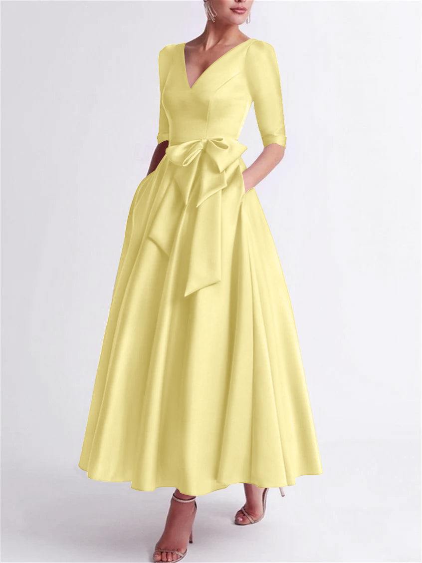 A-Line/Princess V Neck 3/4 Length Sleeve Tea Length Satin Mother of the Bride Dresses with Bow(s)