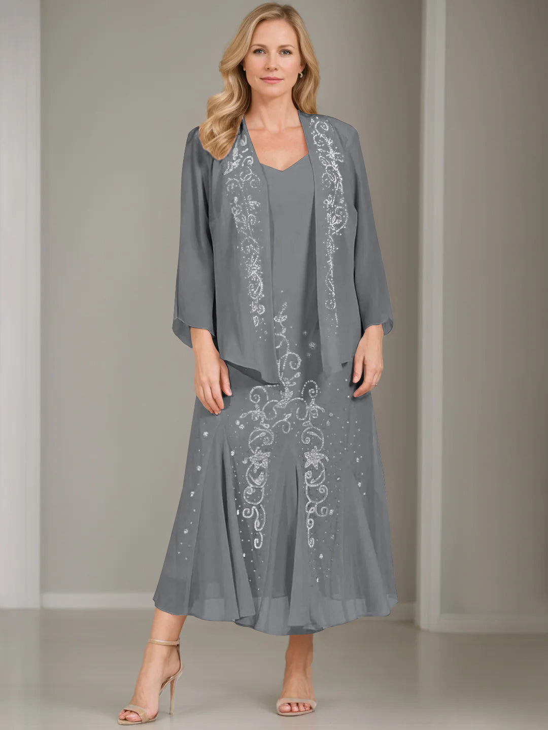 A-Line/Princess 2 Pieces V-Neck Tea-Length Plus Size Mother of the Bride Dresses with Jacket & Sequins