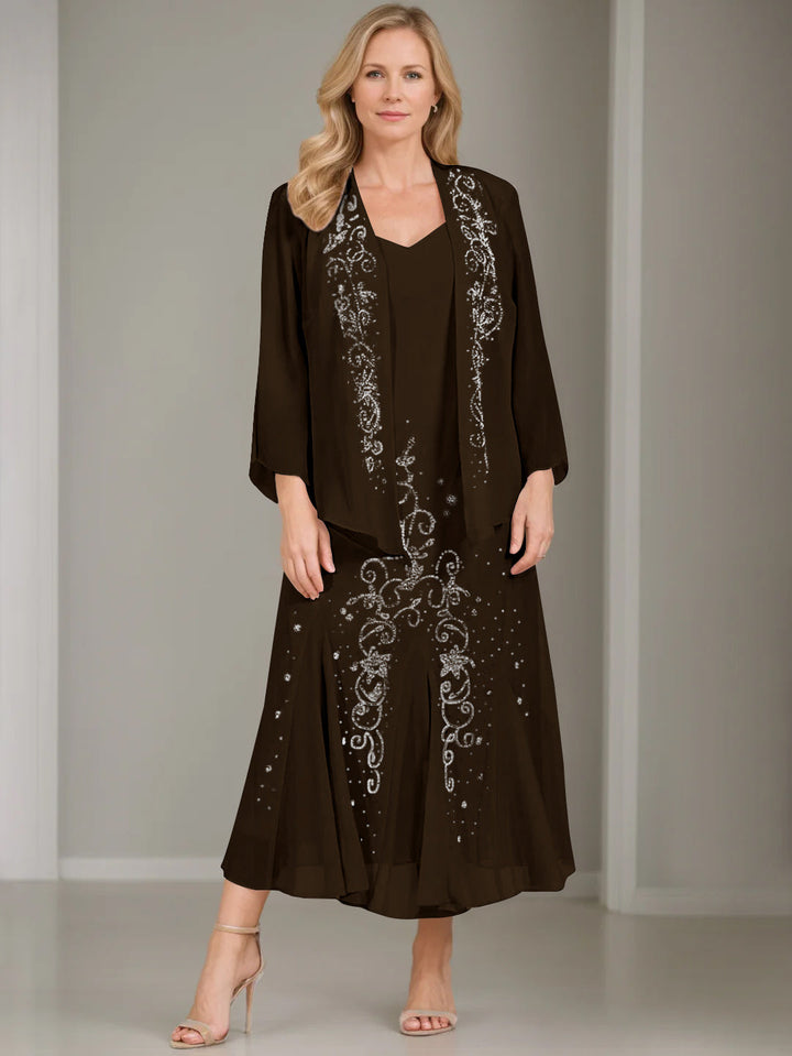 A-Line/Princess 2 Pieces V-Neck Tea-Length Plus Size Mother of the Bride Dresses with Jacket & Sequins
