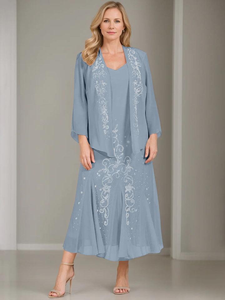 A-Line/Princess 2 Pieces V-Neck Tea-Length Plus Size Mother of the Bride Dresses with Jacket & Sequins