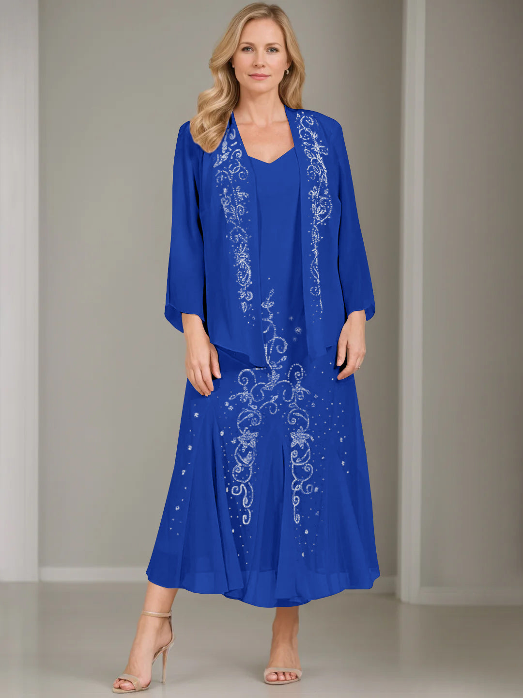 A-Line/Princess 2 Pieces V-Neck Tea-Length Plus Size Mother of the Bride Dresses with Jacket & Sequins