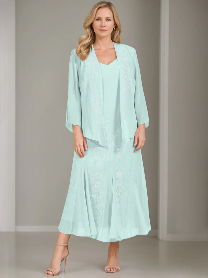 A-Line/Princess 2 Pieces V-Neck Tea-Length Plus Size Mother of the Bride Dresses with Jacket & Sequins