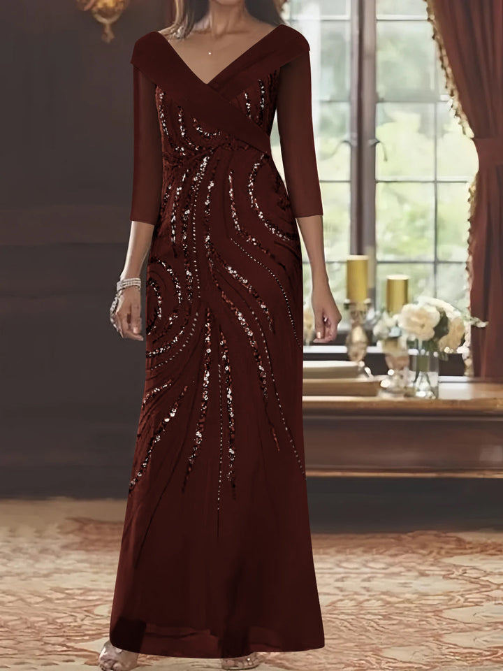 Sheath/Column V-Neck 3/4 Length Sleeve Floor-Length Mother of the Bride Dresses with Sequins Beading