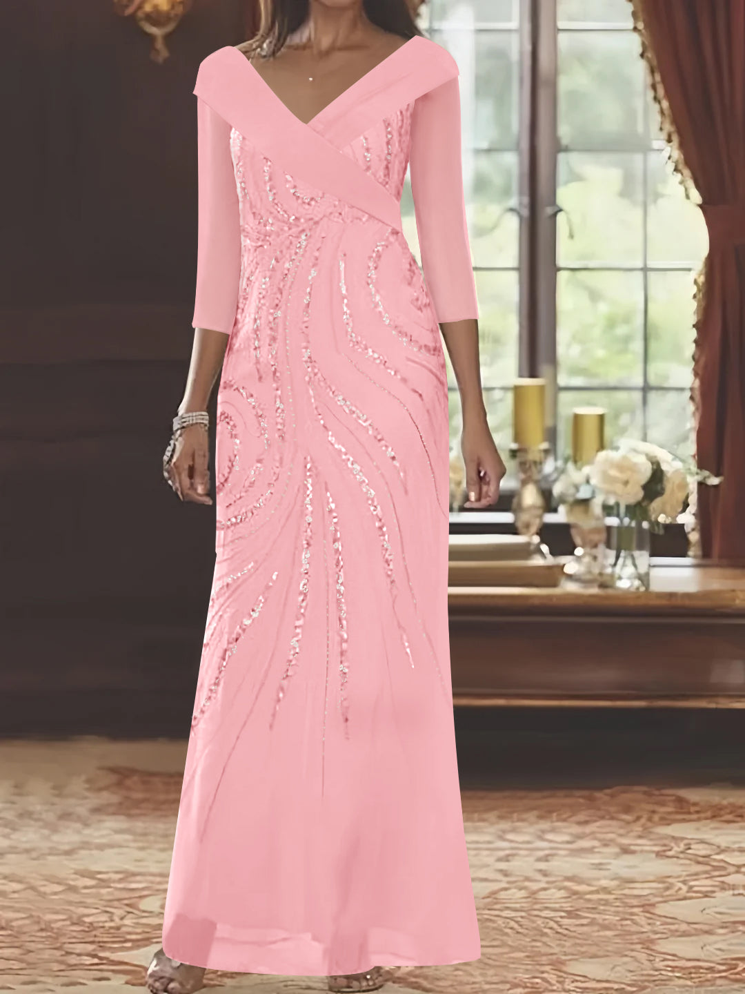 Sheath/Column V-Neck 3/4 Length Sleeve Floor-Length Mother of the Bride Dresses with Sequins Beading