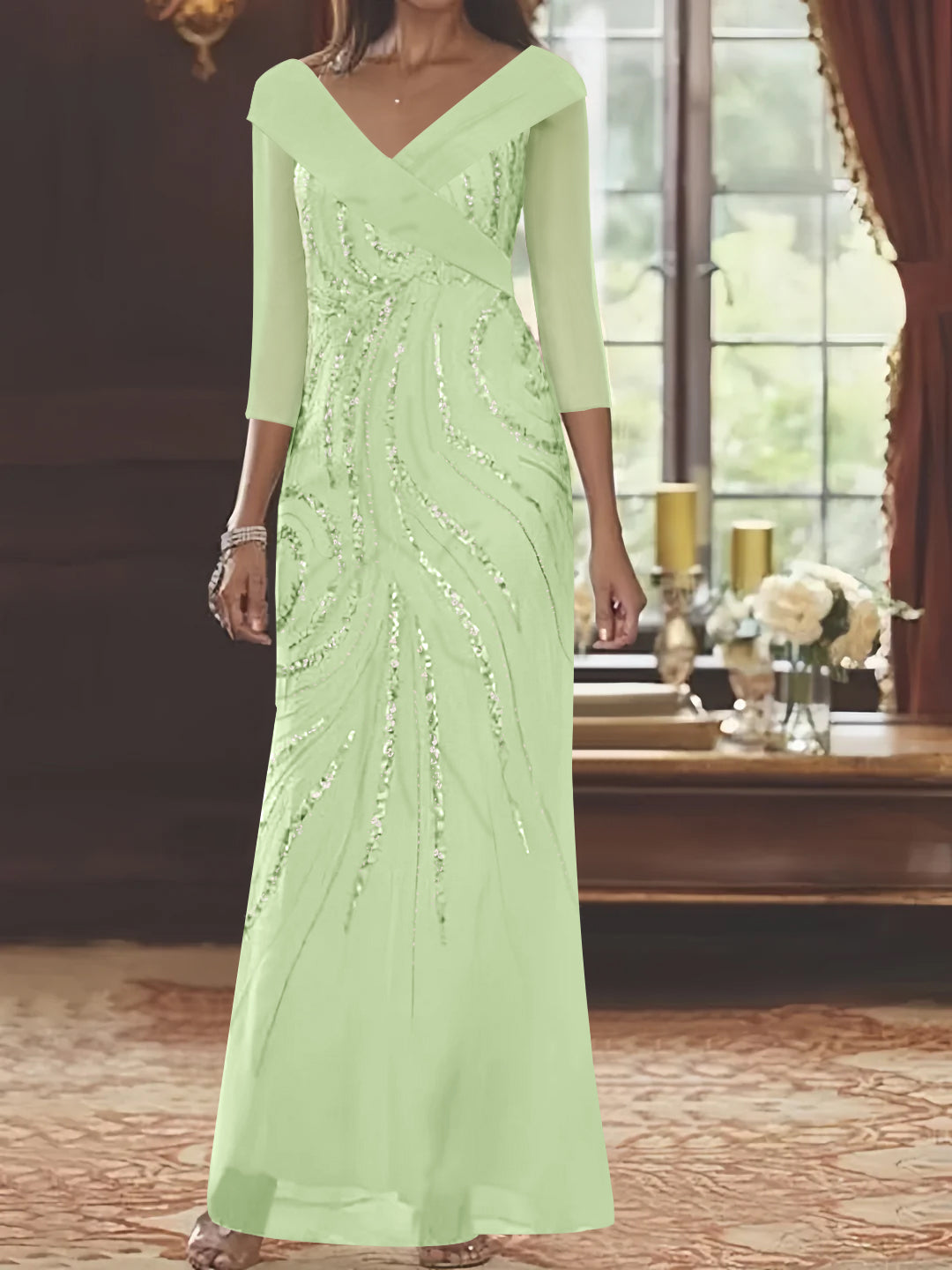 Sheath/Column V-Neck 3/4 Length Sleeve Floor-Length Mother of the Bride Dresses with Sequins Beading