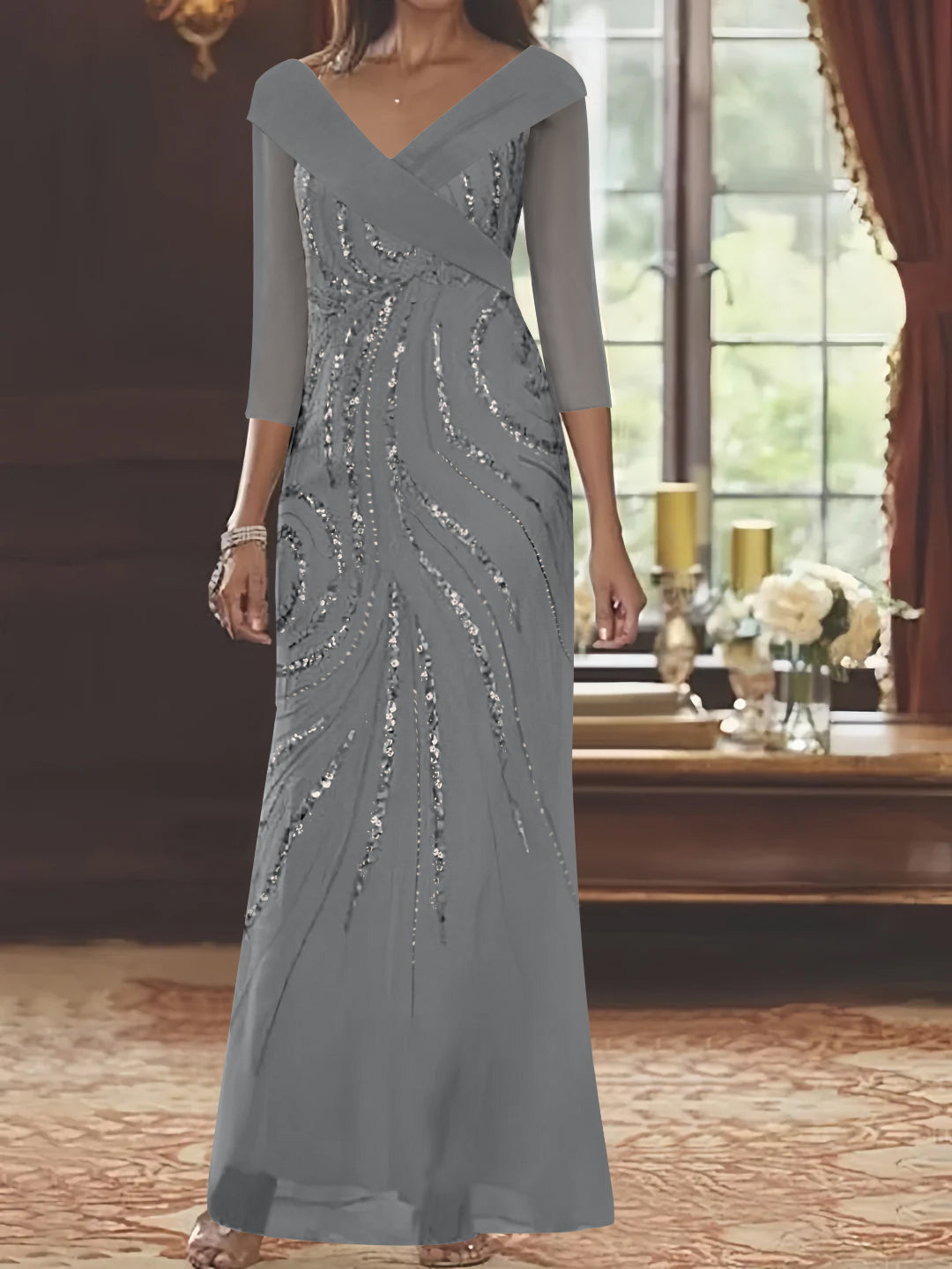 Sheath/Column V-Neck 3/4 Length Sleeve Floor-Length Mother of the Bride Dresses with Sequins Beading