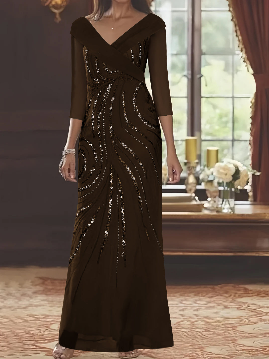 Sheath/Column V-Neck 3/4 Length Sleeve Floor-Length Mother of the Bride Dresses with Sequins Beading