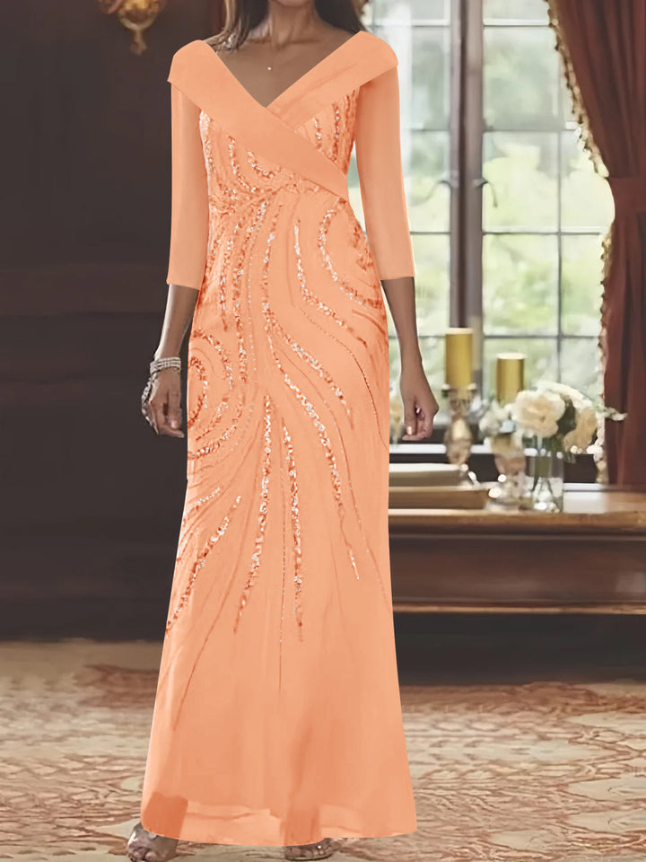Sheath/Column V-Neck 3/4 Length Sleeve Floor-Length Mother of the Bride Dresses with Sequins Beading