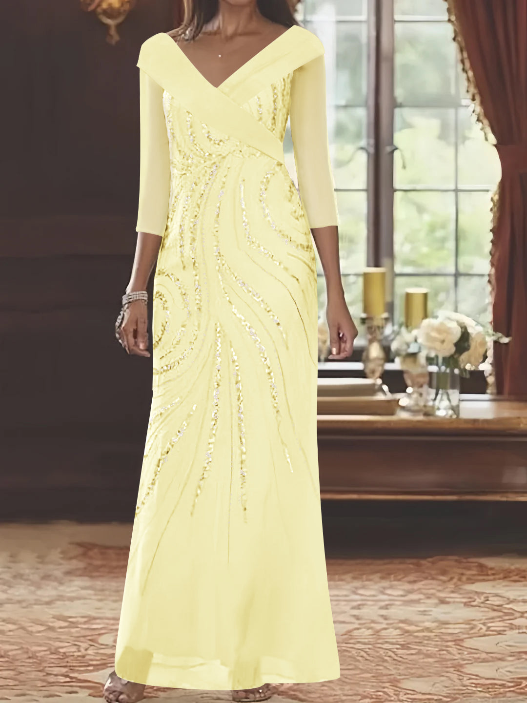 Sheath/Column V-Neck 3/4 Length Sleeve Floor-Length Mother of the Bride Dresses with Sequins Beading