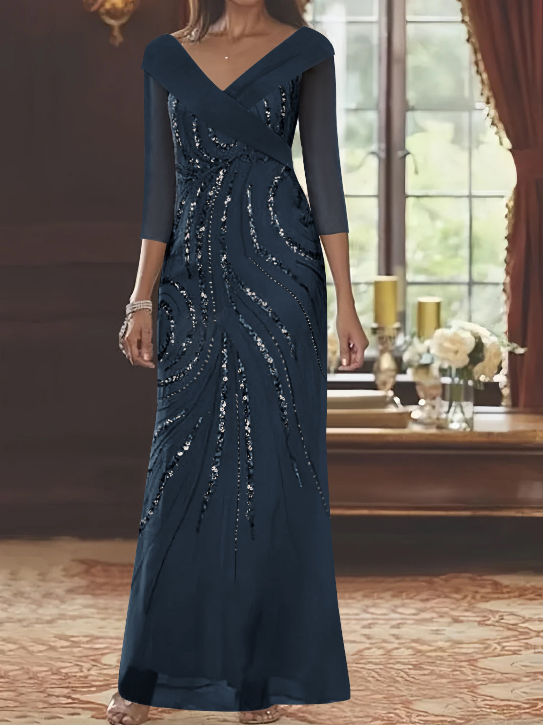 Sheath/Column V-Neck 3/4 Length Sleeve Floor-Length Mother of the Bride Dresses with Sequins Beading
