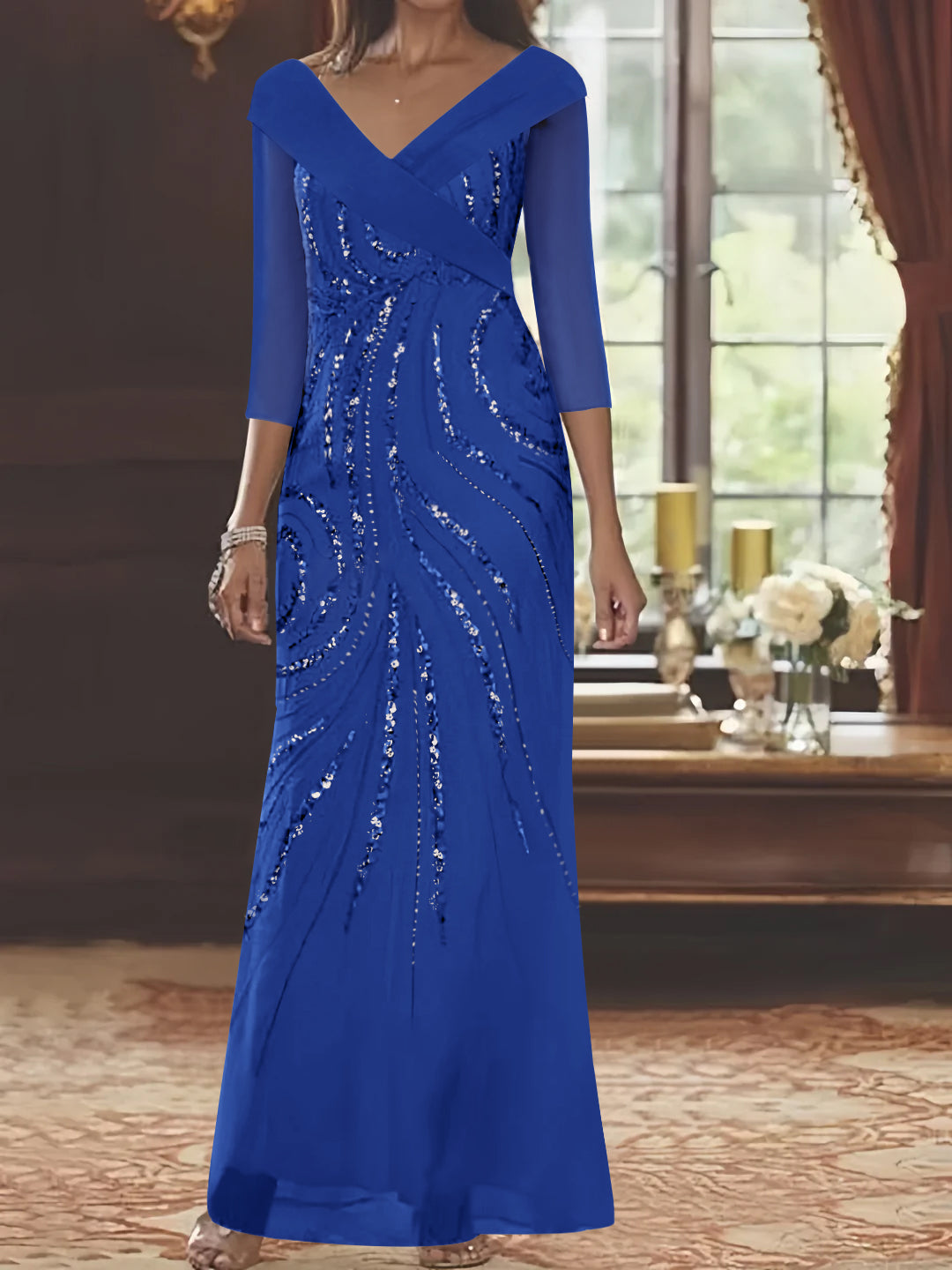Sheath/Column V-Neck 3/4 Length Sleeve Floor-Length Mother of the Bride Dresses with Sequins Beading
