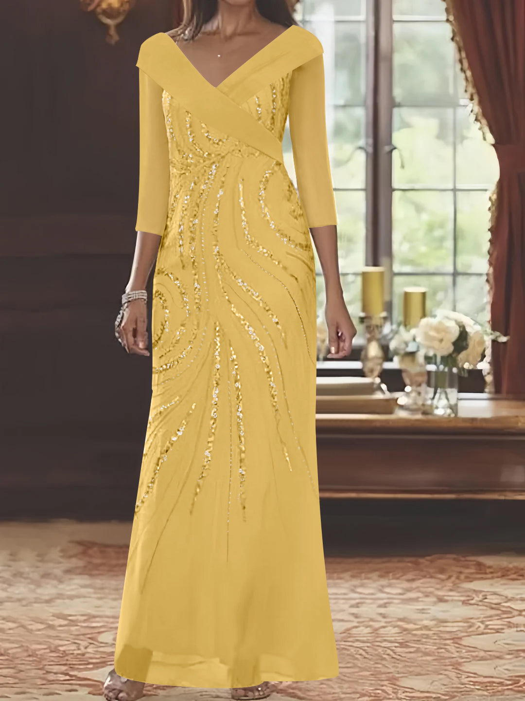 Sheath/Column V-Neck 3/4 Length Sleeve Floor-Length Mother of the Bride Dresses with Sequins Beading
