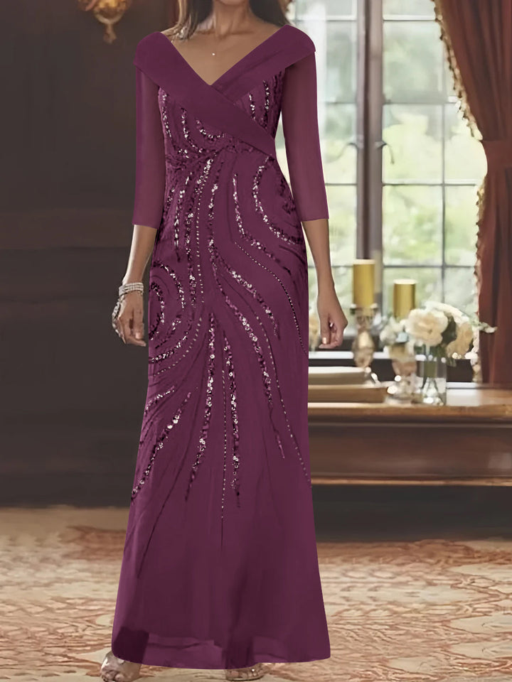 Sheath/Column V-Neck 3/4 Length Sleeve Floor-Length Mother of the Bride Dresses with Sequins Beading