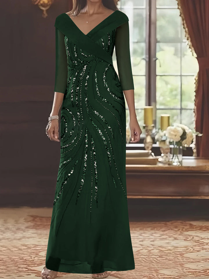 Sheath/Column V-Neck 3/4 Length Sleeve Floor-Length Mother of the Bride Dresses with Sequins Beading