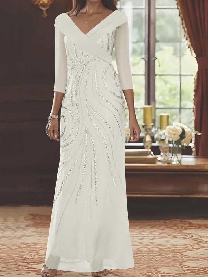 Sheath/Column V-Neck 3/4 Length Sleeve Floor-Length Mother of the Bride Dresses with Sequins Beading