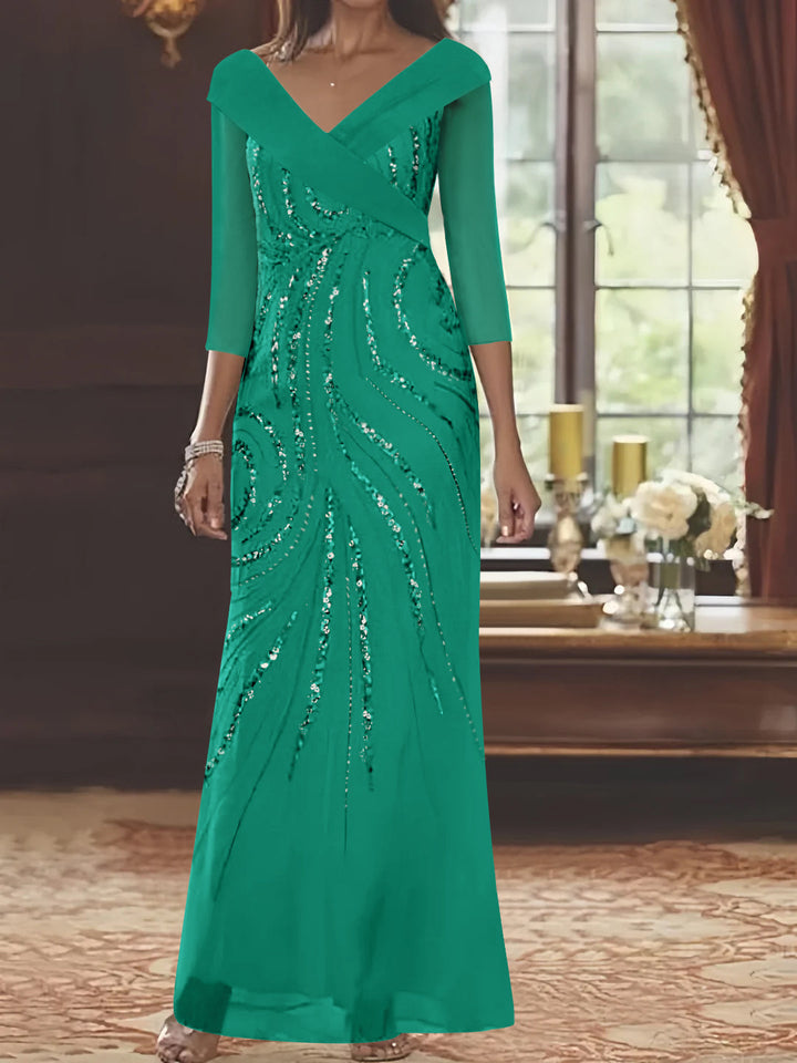 Sheath/Column V-Neck 3/4 Length Sleeve Floor-Length Mother of the Bride Dresses with Sequins Beading