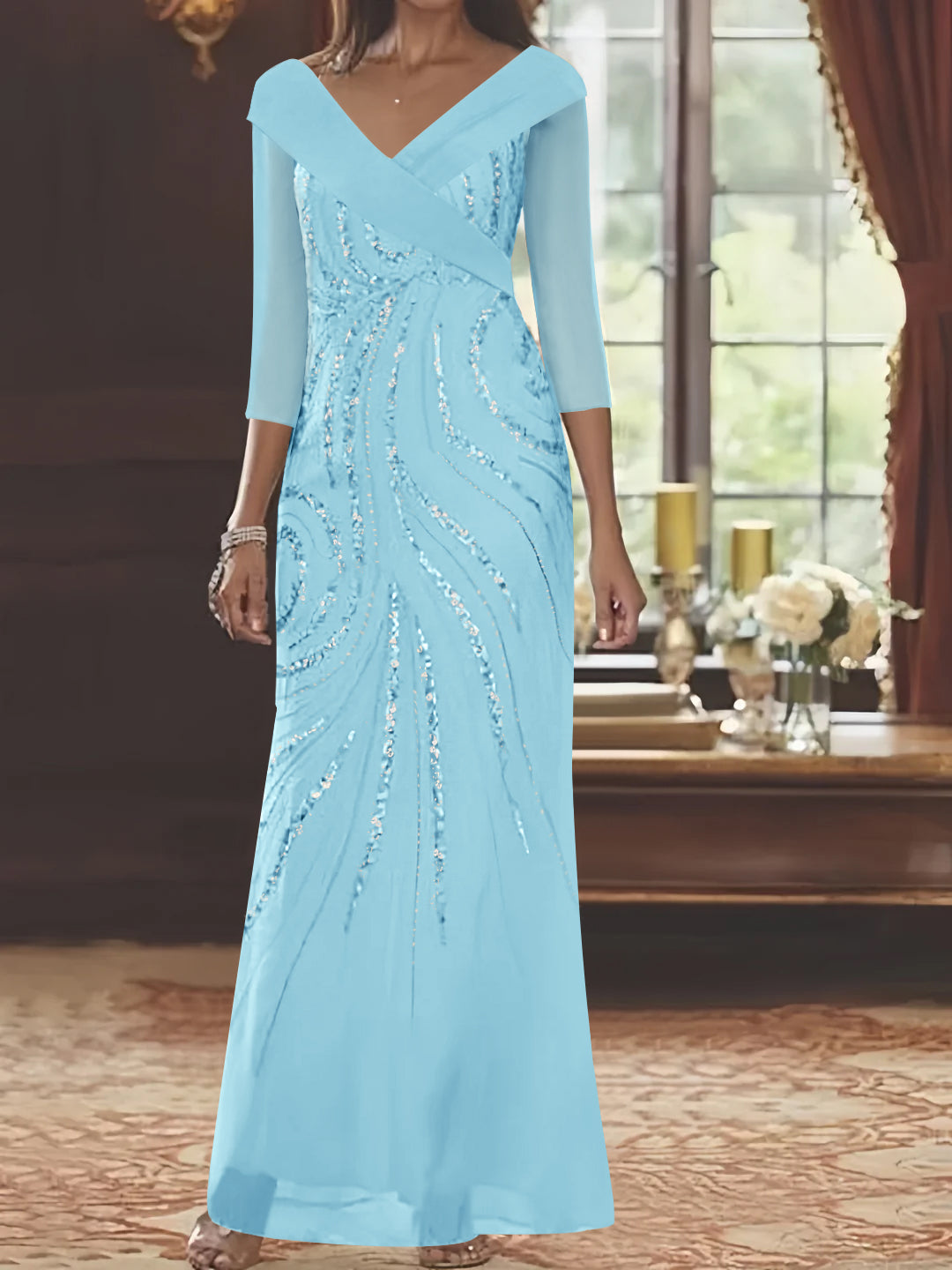 Sheath/Column V-Neck 3/4 Length Sleeve Floor-Length Mother of the Bride Dresses with Sequins Beading