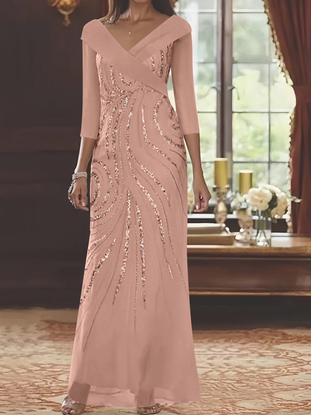 Sheath/Column V-Neck 3/4 Length Sleeve Floor-Length Mother of the Bride Dresses with Sequins Beading