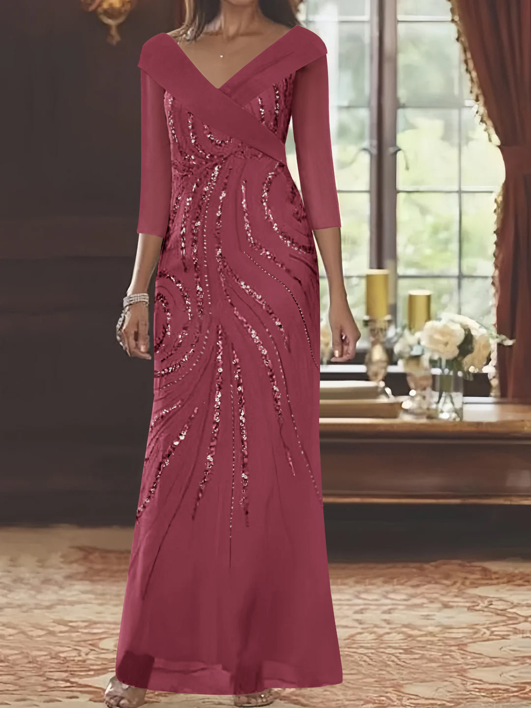 Sheath/Column V-Neck 3/4 Length Sleeve Floor-Length Mother of the Bride Dresses with Sequins Beading