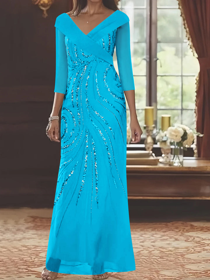 Sheath/Column V-Neck 3/4 Length Sleeve Floor-Length Mother of the Bride Dresses with Sequins Beading