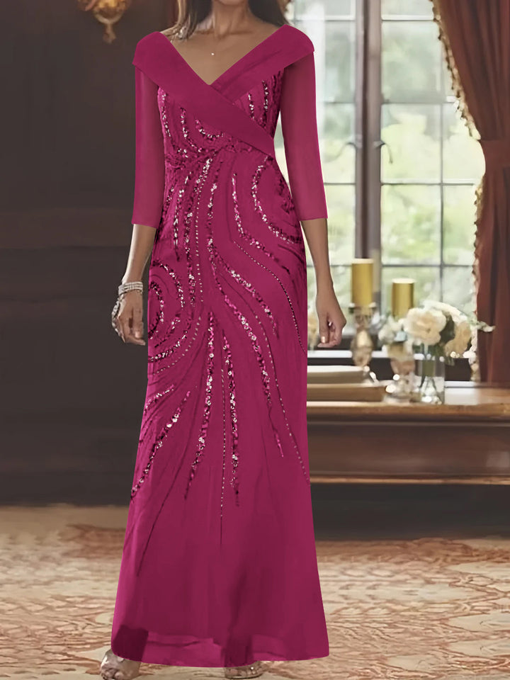 Sheath/Column V-Neck 3/4 Length Sleeve Floor-Length Mother of the Bride Dresses with Sequins Beading