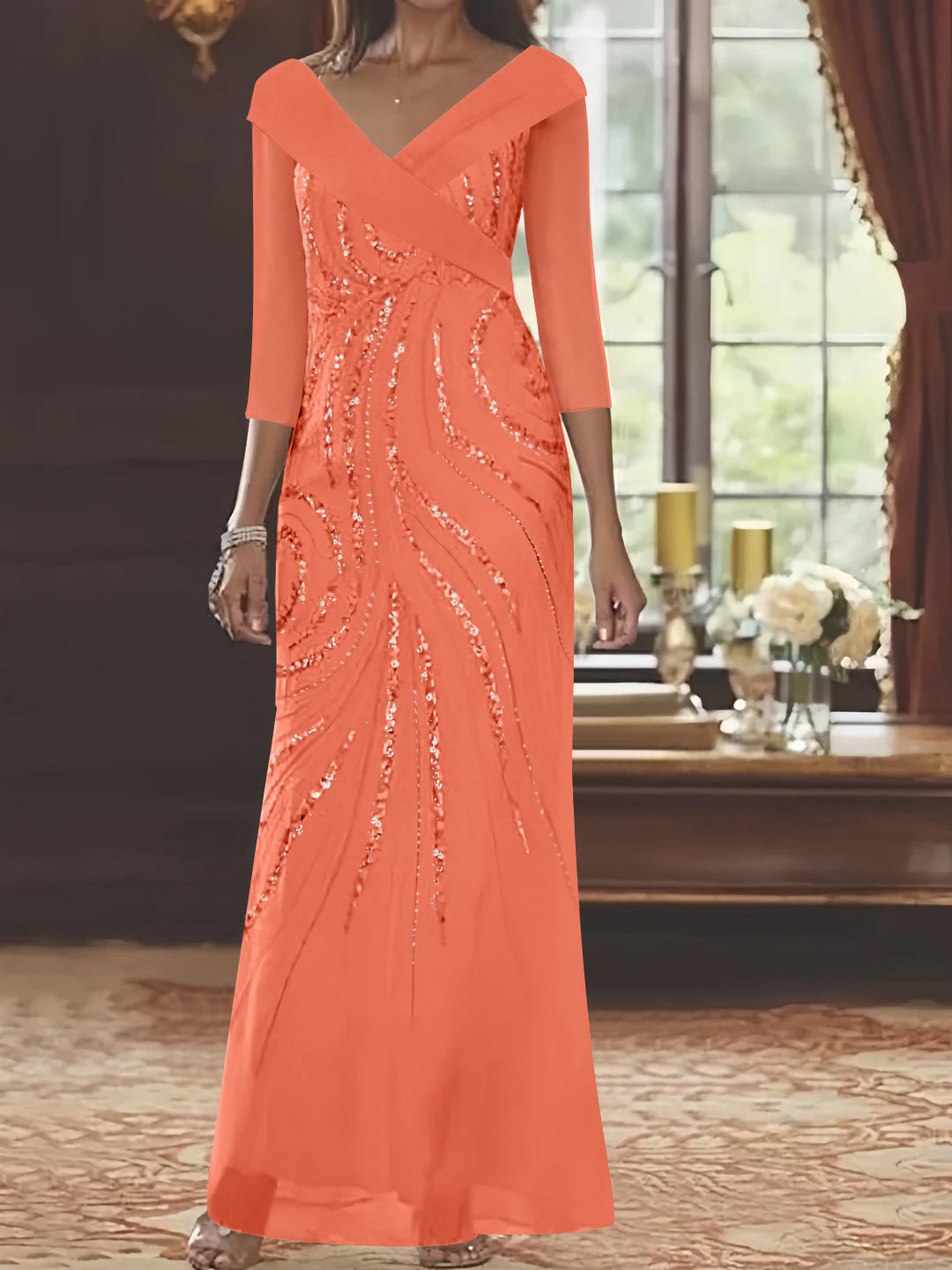 Sheath/Column V-Neck 3/4 Length Sleeve Floor-Length Mother of the Bride Dresses with Sequins Beading