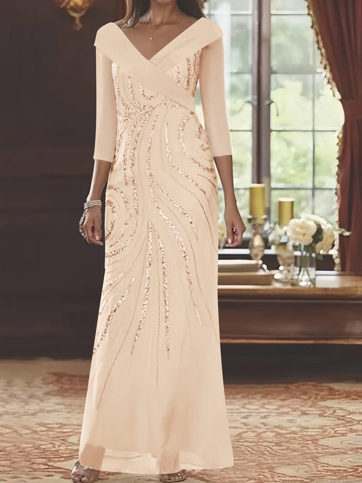 Sheath/Column V-Neck 3/4 Length Sleeve Floor-Length Mother of the Bride Dresses with Sequins Beading