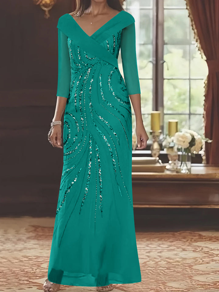 Sheath/Column V-Neck 3/4 Length Sleeve Floor-Length Mother of the Bride Dresses with Sequins Beading