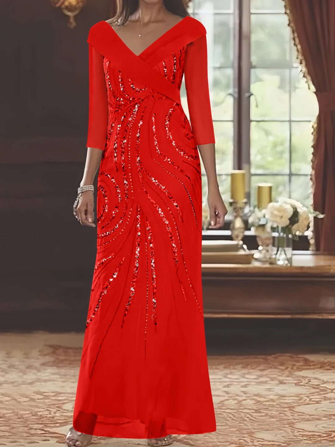 Sheath/Column V-Neck 3/4 Length Sleeve Floor-Length Mother of the Bride Dresses with Sequins Beading