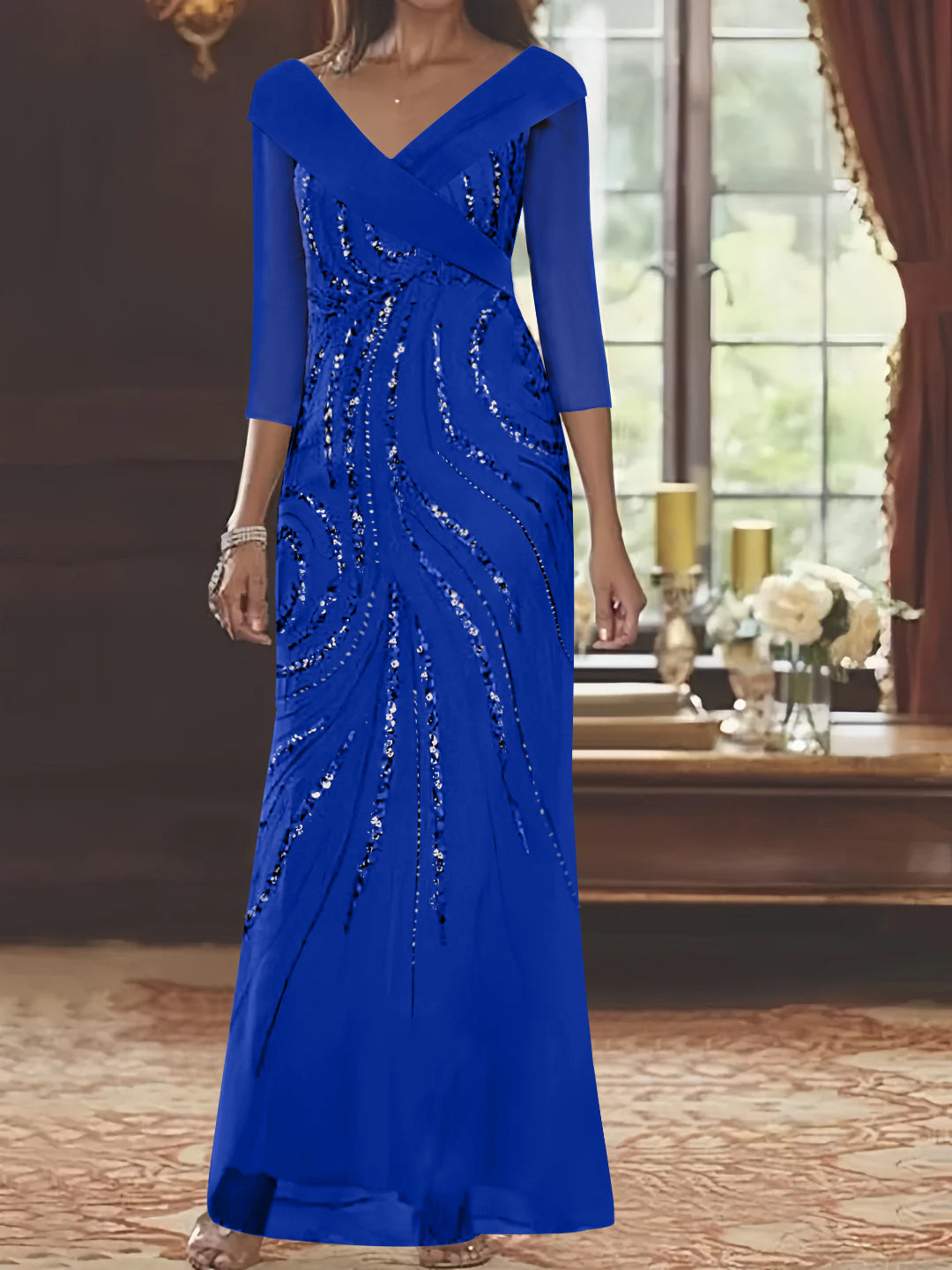 Sheath/Column V-Neck 3/4 Length Sleeve Floor-Length Mother of the Bride Dresses with Sequins Beading