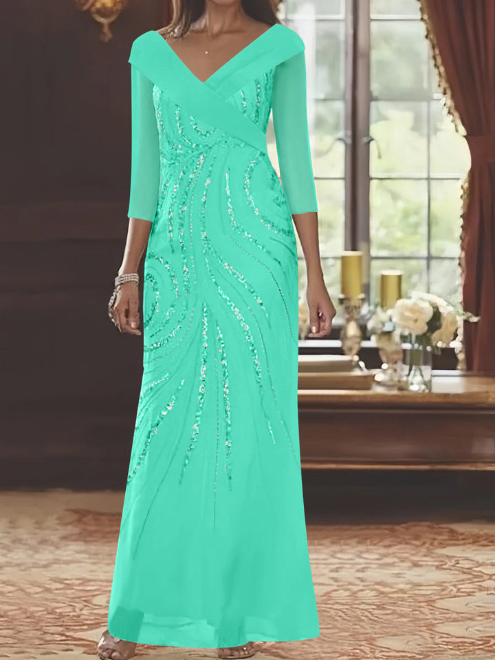 Sheath/Column V-Neck 3/4 Length Sleeve Floor-Length Mother of the Bride Dresses with Sequins Beading