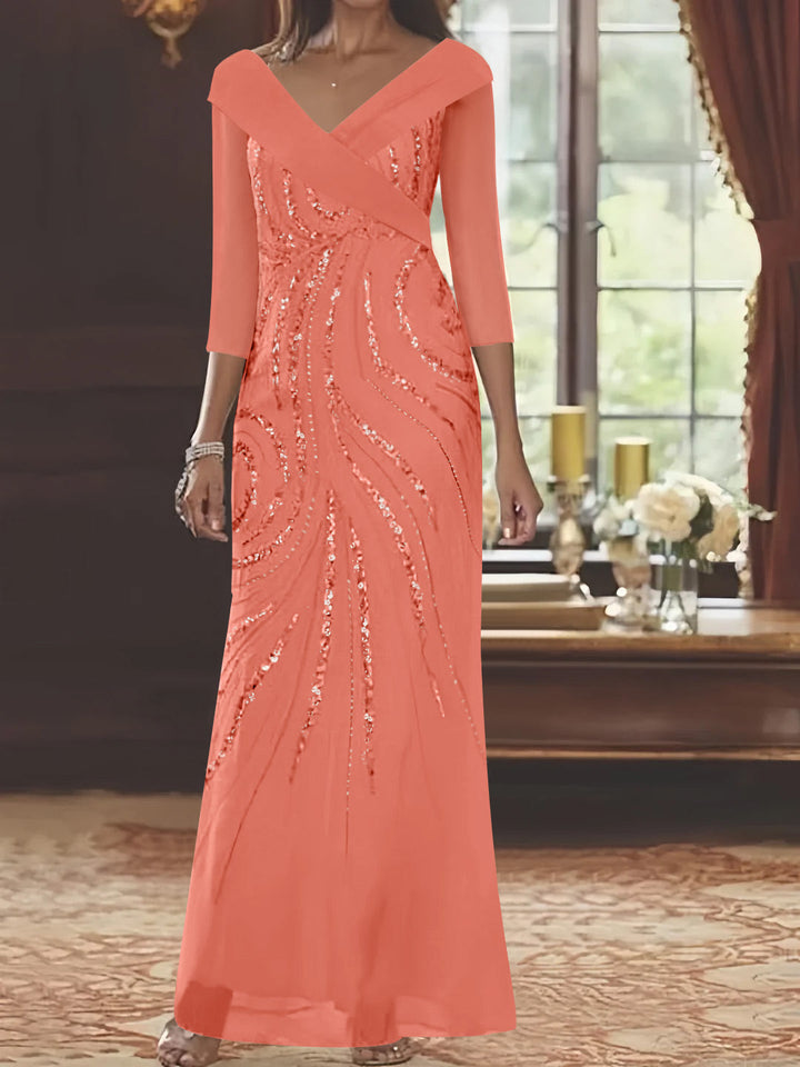 Sheath/Column V-Neck 3/4 Length Sleeve Floor-Length Mother of the Bride Dresses with Sequins Beading