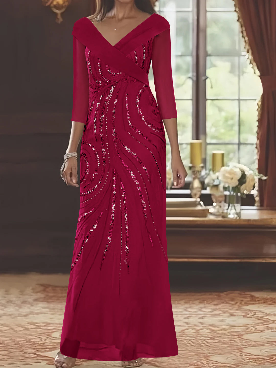 Sheath/Column V-Neck 3/4 Length Sleeve Floor-Length Mother of the Bride Dresses with Sequins Beading