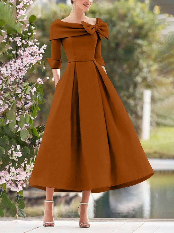A-Line/Princess Cowl Neck Bow(s) 3/4 Sleeves Tea Length Elegant Mother of the Bride  & Groom Dresses