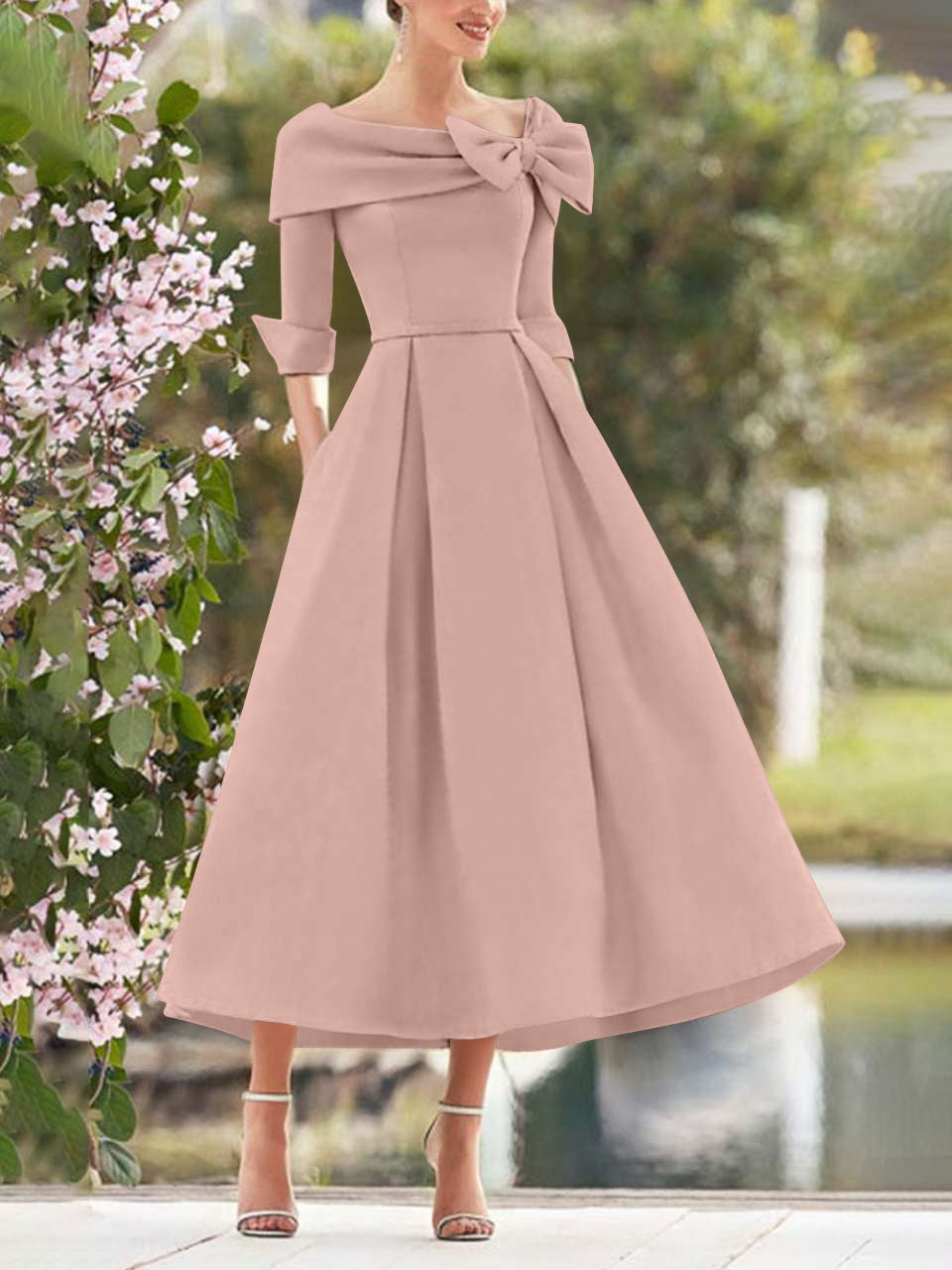 A-Line/Princess Cowl Neck Bow(s) 3/4 Sleeves Tea Length Elegant Mother of the Bride  & Groom Dresses