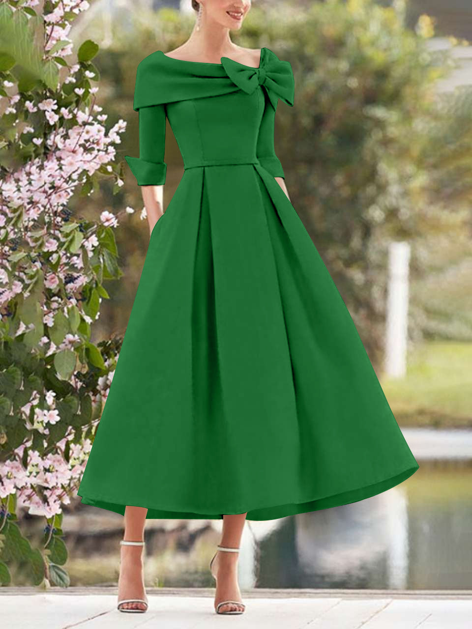 A-Line/Princess Cowl Neck Bow(s) 3/4 Sleeves Tea Length Elegant Mother of the Bride  & Groom Dresses